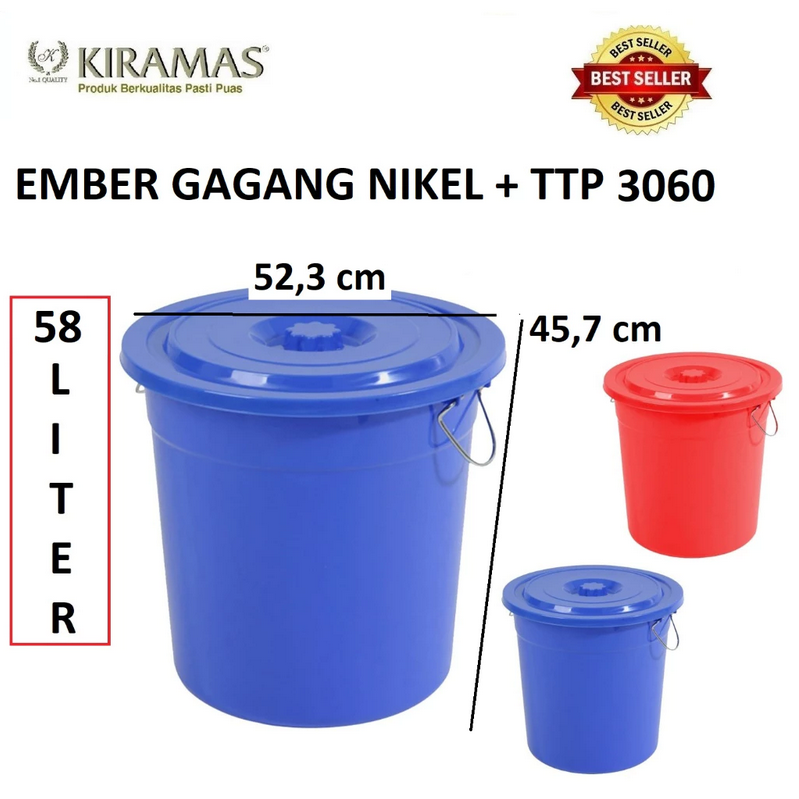 EMBER PLASTIK BESAR 58 LITER TUTUP + HANDLE KIRAMAS 3060, UKURAN D. 52.3 x T. 45.7 CM | RAJA PLASTIK GROSIR