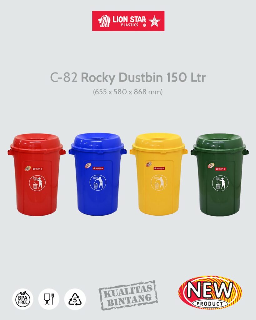 TEMPAT SAMPAH PLASTIK BESAR 150 LITER LION STAR ROCKY DUSTBIN C-82, Minimal Order 3 Set (1 Pack): Solusi Tempat Sampah Besar, Kuat & Higienis untuk Berbagai Kebutuhan