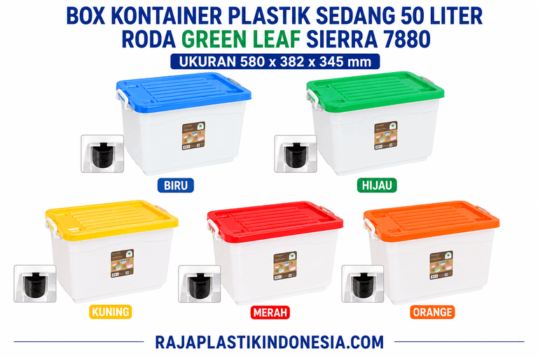 BOX KONTAINER PLASTIK SEDANG 50 LITER RODA GREEN LEAF SIERRA 7880 | RAJA PLASTIK GROSIR