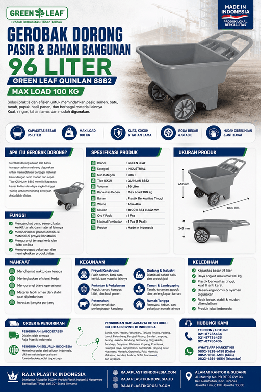 INFOGRAFIS GEROBAK DORONG PASIR & BAHAN BANGUNAN 96 LITER GREEN LEAF QUINLAN 8882 MAX LOAD 100 KG | RAJA PLASTIK GROSIR