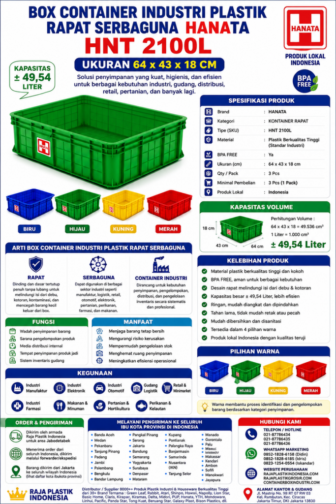 BOX CONTAINER INDUSTRI PLASTIK RAPAT SERBAGUNA HANATA HNT 2100L UKURAN 64x43x18 CM (INFOGRAFIS)