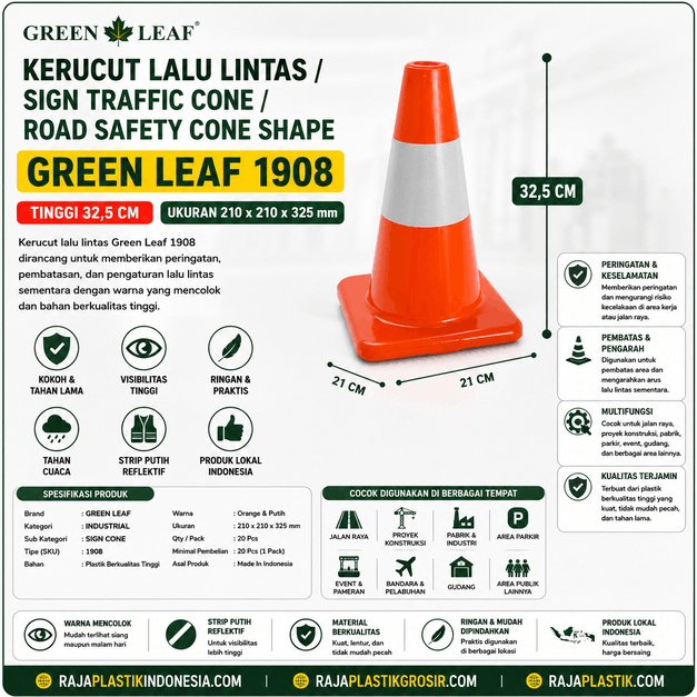 KERUCUT LALU LINTAS / SIGN TRAFFIC CONE / ROAD SAFETY CONE SHAPE GREEN LEAF 1908 TINGGI 32,5 CM | RAJA PLASTIK GROSIR