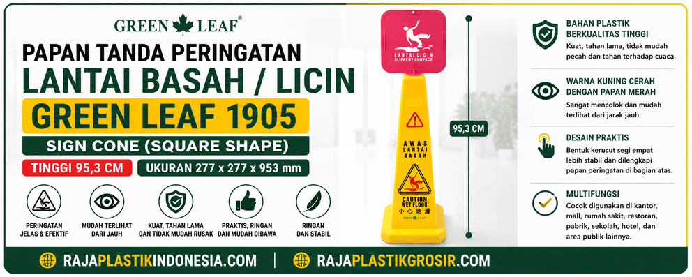 Jual PAPAN TANDA PERINGATAN LANTAI BASAH / LICIN GREEN LEAF 1905 SIGN CONE (SQUARE SHAPE) Berkualitas untuk Area Publik, Perkantoran, Industri dan Komersial