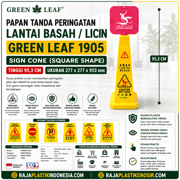 Jual PAPAN TANDA PERINGATAN LANTAI BASAH / LICIN GREEN LEAF 1905 SIGN CONE (SQUARE SHAPE) Berkualitas untuk Area Publik, Perkantoran, Industri dan Komersial