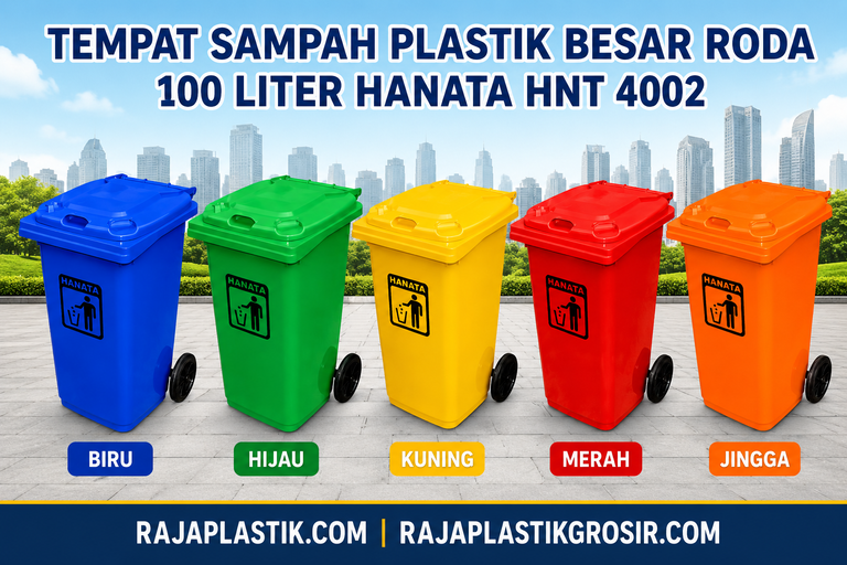 TEMPAT SAMPAH PLASTIK BESAR RODA 100 LITER HANATA HNT 4002 – Solusi Pengelolaan Sampah Outdoor yang Praktis, Kuat dan Tahan Lama