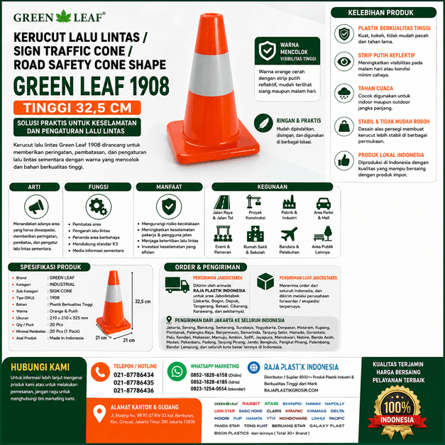 INFOGRAFIS KERUCUT LALU LINTAS / SIGN TRAFFIC CONE / ROAD SAFETY CONE SHAPE GREEN LEAF 1908 TINGGI 32,5 CM | RAJA PLASTIK GROSIR 