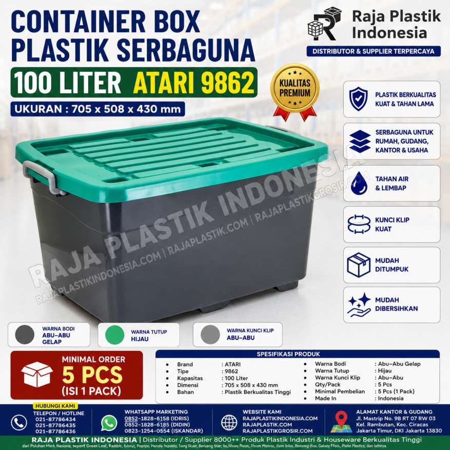 CONTAINER BOX PLASTIK BESAR SERBAGUNA 100 LITER ATARI 9862 UKURAN 705 x 508 x 430 mm: Solusi Penyimpanan Premium Berkapasitas Besar untuk Rumah, Gudang, Kantor, dan Berbagai Kebutuhan Usaha