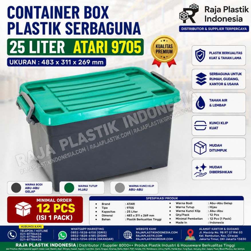 CONTAINER BOX PLASTIK SERBAGUNA 25 LITER ATARI 9705, UKURAN 483 x 311 x 269 mm: Solusi Penyimpanan Praktis, Rapi, dan Tahan Lama untuk Rumah, Kantor, dan Berbagai Kebutuhan Usaha