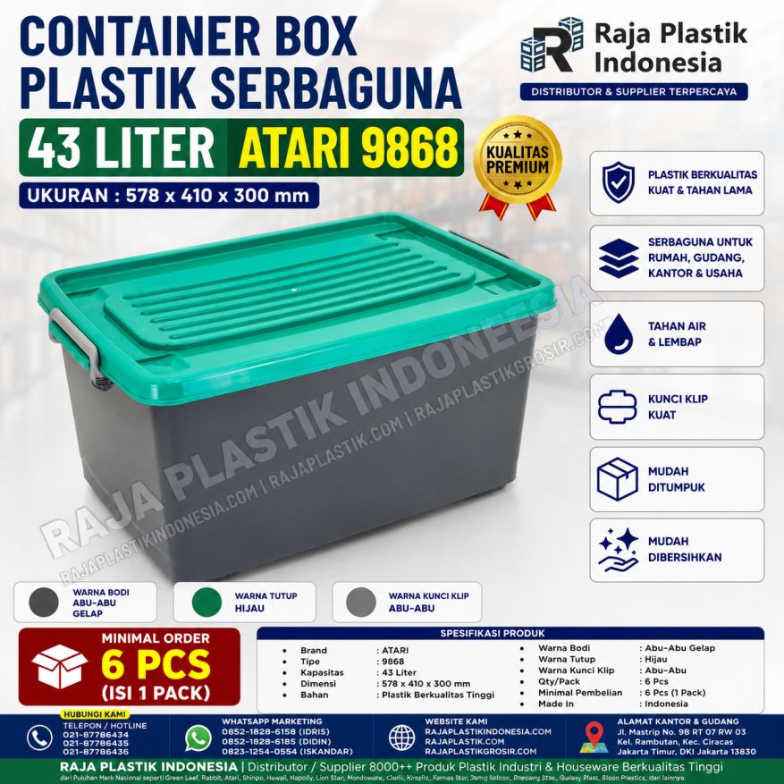 CONTAINER BOX PLASTIK SERBAGUNA 43 LITER ATARI 9868, UKURAN 578 x 410 x 300 mm: Solusi Penyimpanan Praktis, Modern, dan Berkualitas untuk Rumah, Kantor, serta Berbagai Kebutuhan Usaha