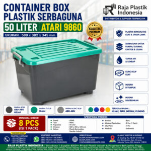 CONTAINER BOX PLASTIK SERBAGUNA 50 LITER ATARI 9860, UKURAN 580 × 382 × 345 mm: Solusi Penyimpanan Modern yang Kuat, Praktis, dan Multifungsi
