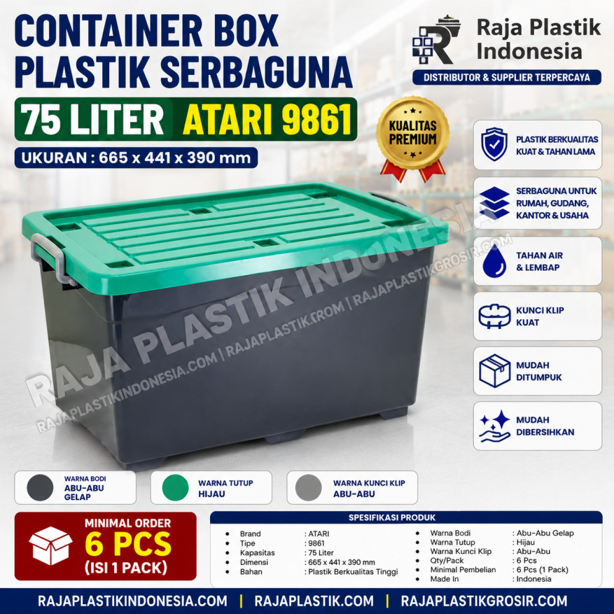 CONTAINER BOX PLASTIK SERBAGUNA 75 LITER ATARI 9861 UKURAN 665 x 441 x 390 mm: Solusi Penyimpanan Premium untuk Rumah, Kantor, Gudang, dan Berbagai Kebutuhan Usaha