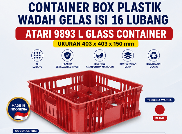 CONTAINER BOX PLASTIK WADAH GELAS ISI 16 LUBANG ATARI 9893 L UKURAN 403 x 403 x 150 mm