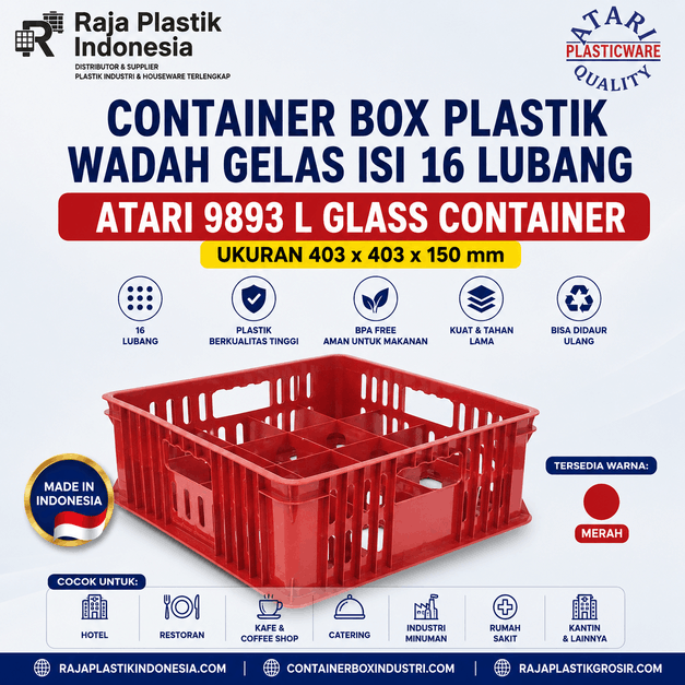 CONTAINER BOX PLASTIK WADAH GELAS ISI 16 LUBANG ATARI 9893 L UKURAN 403 x 403 x 150 mm
