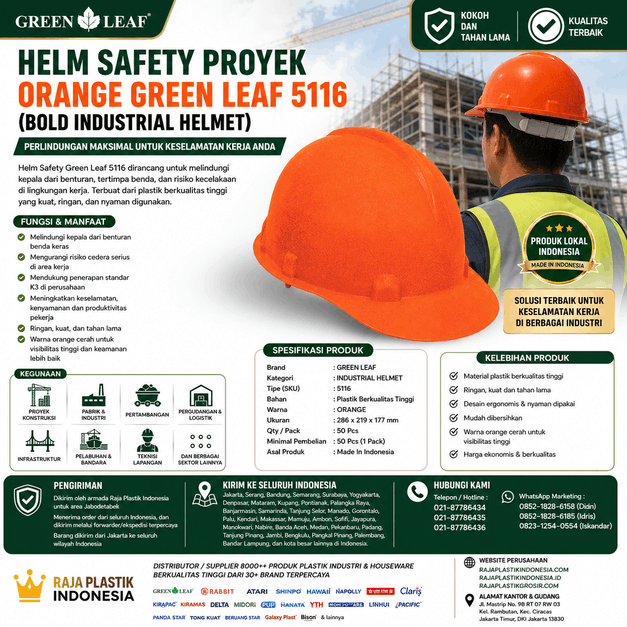 Jual HELM SAFETY PROYEK ORANGE GREEN LEAF 5116 (BOLD INDUSTRIAL HELMET) Berkualitas di Indonesia | RAJA PLASTIK GROSIR