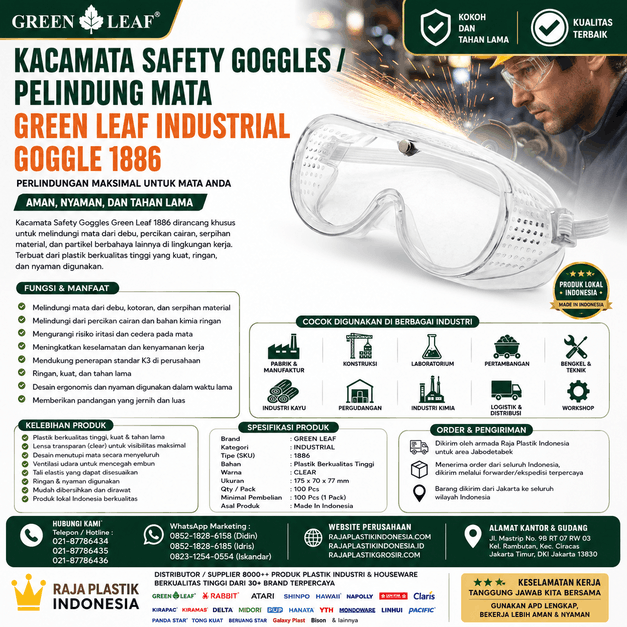 Jual Kacamata Safety Goggles / Pelindung Mata Green Leaf Industrial Goggle 1886 Berkualitas di Indonesia
