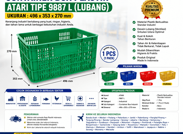 KERANJANG INDUSTRI CONTAINER BOX PLASTIK ATARI TIPE 9887 L (LUBANG), UKURAN 496 x 353 x 270 mm Solusi Penyimpanan Praktis, Kokoh, dan Efisien untuk Berbagai Kebutuhan Industri