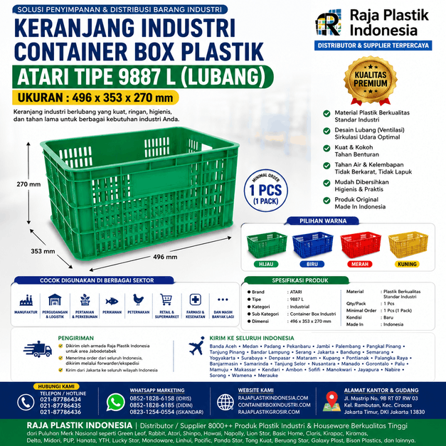 KERANJANG INDUSTRI CONTAINER BOX PLASTIK ATARI TIPE 9887 L (LUBANG), UKURAN 496 x 353 x 270 mm Solusi Penyimpanan Praktis, Kokoh, dan Efisien untuk Berbagai Kebutuhan Industri