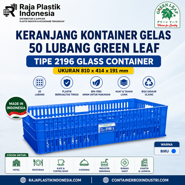 KERANJANG KONTAINER GELAS 50 LUBANG GREEN LEAF TIPE 2196 L UKURAN 810 x 414 x 191 mm