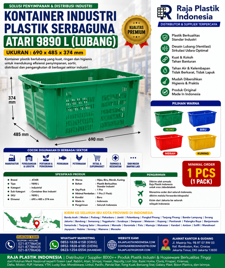 KONTAINER INDUSTRI PLASTIK SERBAGUNA ATARI 9890 L (LUBANG), UKURAN 690 x 485 x 374 mm: Solusi Penyimpanan Profesional untuk Industri, Gudang, Logistik, dan Distribusi