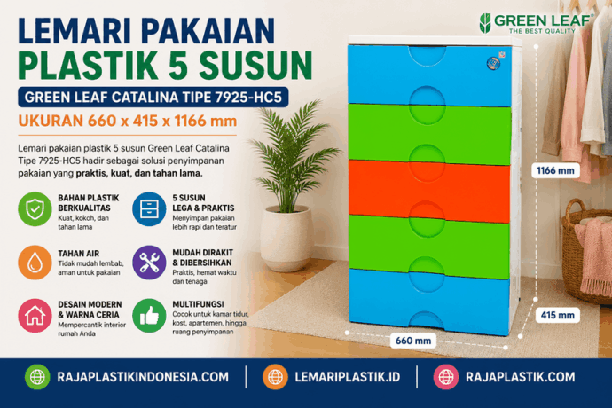 LEMARI PAKAIAN PLASTIK 5 SUSUN GREEN LEAF CATALINA TIPE 7925-HC5 – Solusi Penyimpanan Modern dengan Kapasitas Ekstra Besar