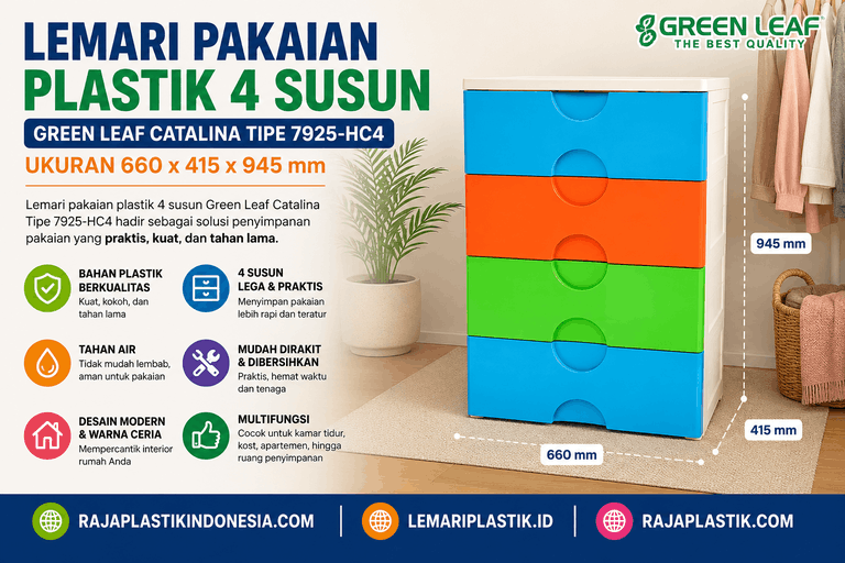LEMARI PAKAIAN PLASTIK 4 SUSUN GREEN LEAF CATALINA TIPE 7925-HC4, UKURAN 660 x 415 x 945 mm – Solusi Penyimpanan Modern, Kokoh, dan Elegan untuk Berbagai Kebutuhan