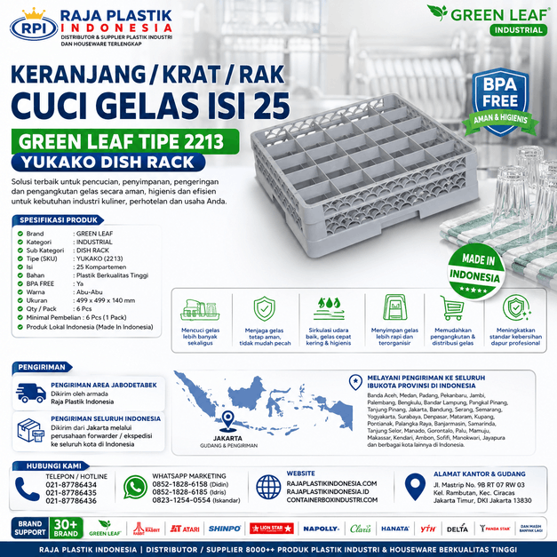 KERANJANG / KRAT / RAK CUCI GELAS ISI 25 GREEN LEAF TIPE 2213 YUKAKO DISH RACK