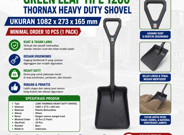 SEKOP PASIR BAHAN PLASTIK GREEN LEAF TIPE 1286 THORNAX HEAVY DUTY SHOVEL – Sekop Plastik Heavy Duty Berkualitas untuk Berbagai Kebutuhan Industri, Konstruksi, Pertanian, dan Kebersihan
