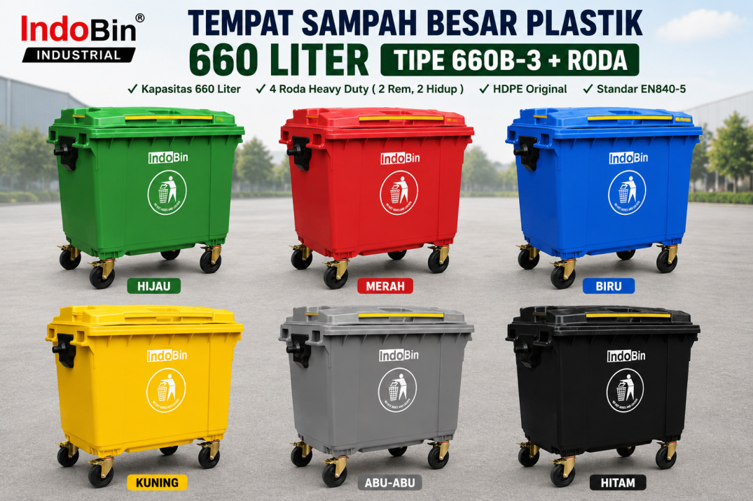 TEMPAT SAMPAH BESAR PLASTIK 660 LITER INDOBIN TIPE 660B-3 + RODA: Tempat Sampah Jumbo 660 Liter Berkualitas Industri untuk Pengelolaan Sampah yang Lebih Efisien