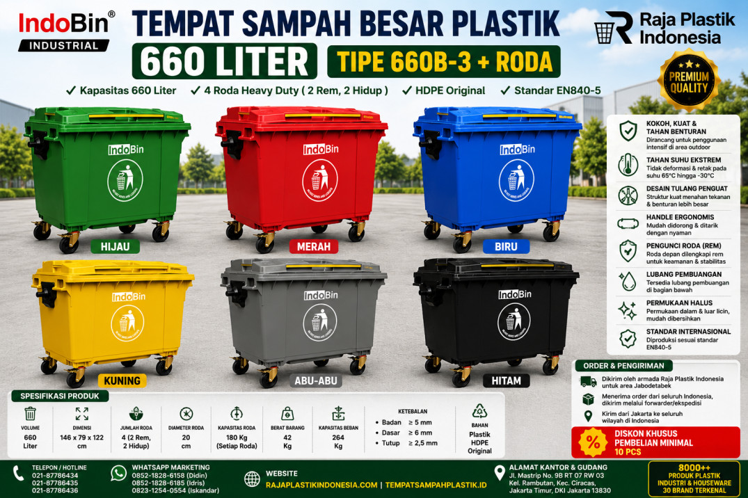 TEMPAT SAMPAH BESAR PLASTIK 660 LITER INDOBIN TIPE 660B-3 + RODA: Tempat Sampah Jumbo 660 Liter Berkualitas Industri untuk Pengelolaan Sampah yang Lebih Efisien