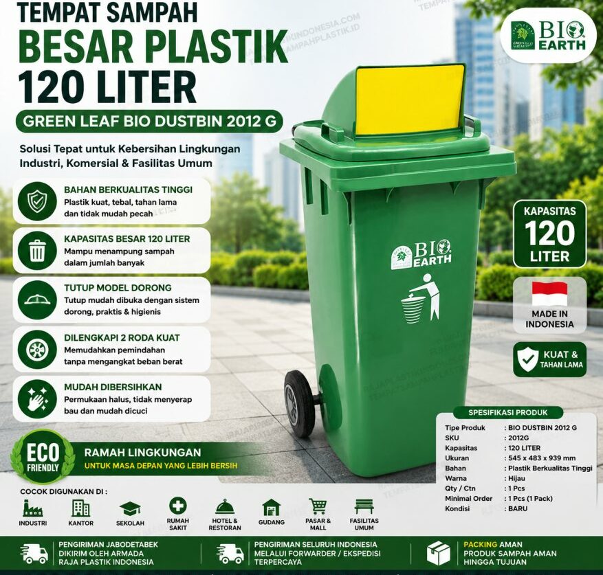 TEMPAT SAMPAH BESAR PLASTIK 120 LITER GREEN LEAF BIO DUSTBIN 2012 G – Solusi Tempat Sampah Outdoor Berkualitas untuk Industri, HORECA, Perkantoran & Fasilitas Umum