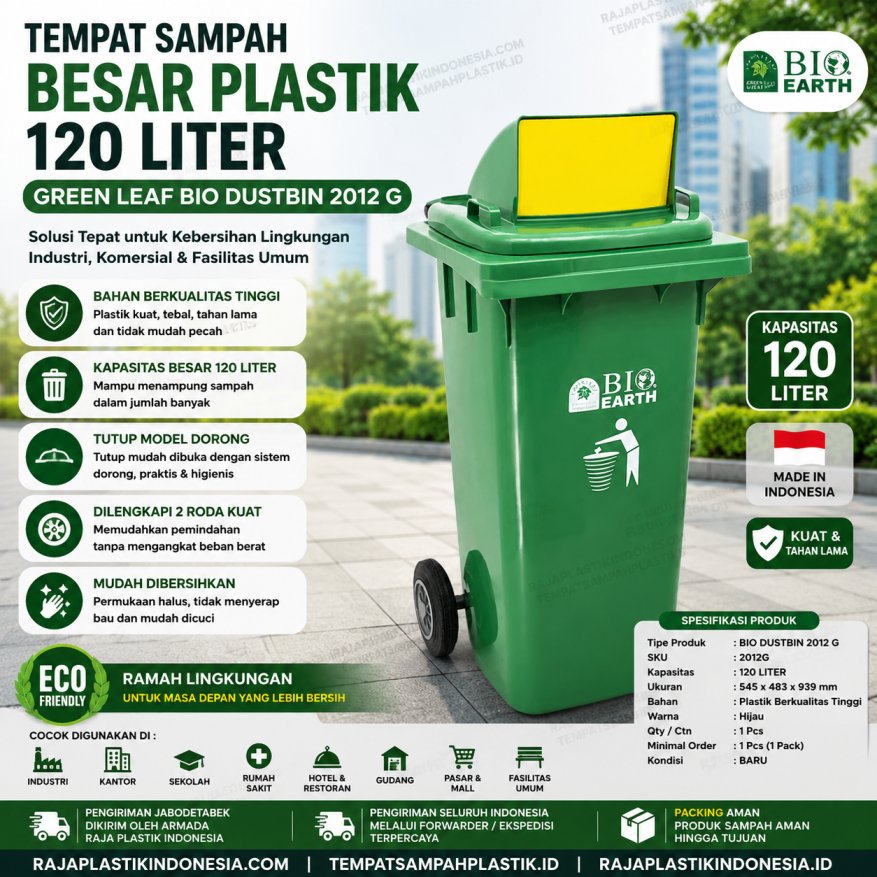 TEMPAT SAMPAH BESAR PLASTIK 120 LITER GREEN LEAF BIO DUSTBIN 2012 G – Solusi Tempat Sampah Outdoor Berkualitas untuk Industri, HORECA, Perkantoran & Fasilitas Umum