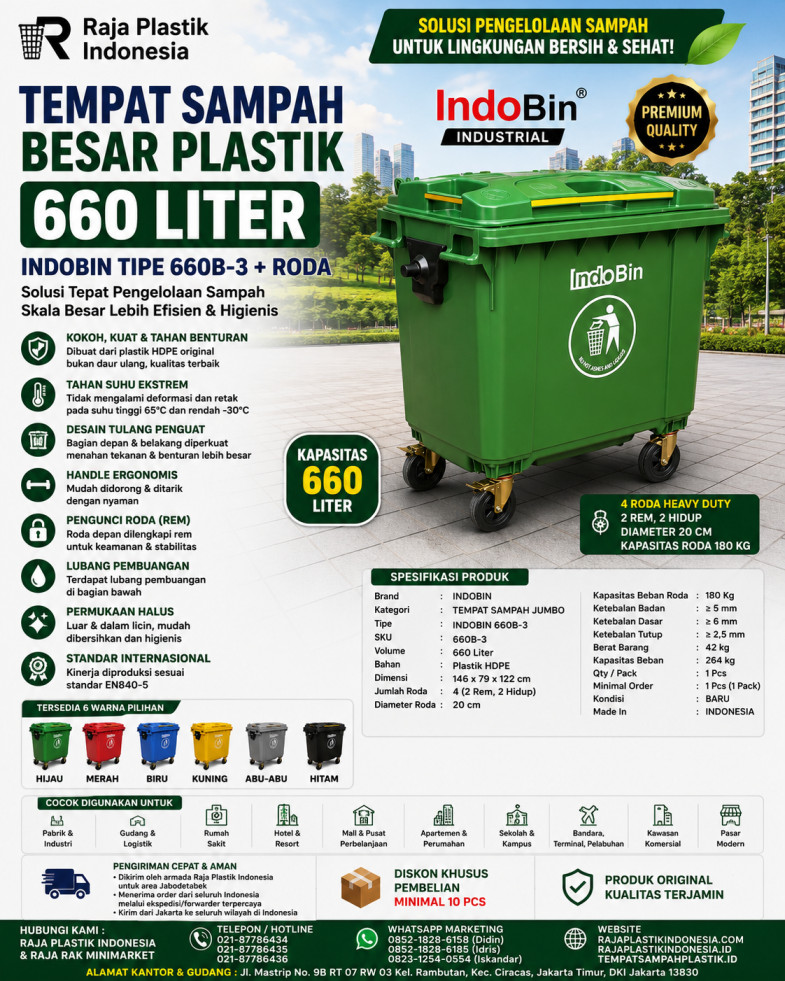 TEMPAT SAMPAH BESAR PLASTIK 660 LITER INDOBIN TIPE 660B-3 + RODA: Tempat Sampah Jumbo 660 Liter Berkualitas Industri untuk Pengelolaan Sampah yang Lebih Efisien