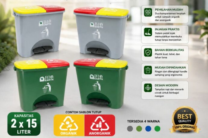 TEMPAT SAMPAH ORGANIK & ANORGANIK GREEN LEAF BIO DUSTBIN 2 x 15 LITER TIPE 2130 – Solusi Praktis Pemilahan Sampah yang Higienis, Modern, dan Ramah Lingkungan