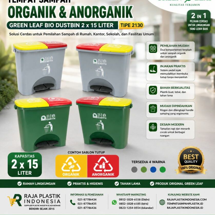 TEMPAT SAMPAH ORGANIK & ANORGANIK GREEN LEAF BIO DUSTBIN 2 x 15 LITER TIPE 2130 – Solusi Praktis Pemilahan Sampah yang Higienis, Modern, dan Ramah Lingkungan