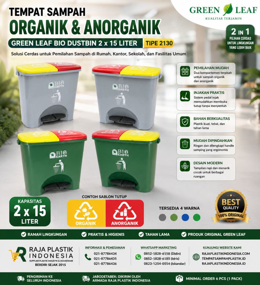 TEMPAT SAMPAH ORGANIK & ANORGANIK GREEN LEAF BIO DUSTBIN 2 x 15 LITER TIPE 2130 – Solusi Praktis Pemilahan Sampah yang Higienis, Modern, dan Ramah Lingkungan