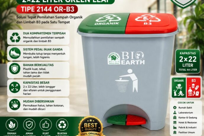TEMPAT SAMPAH ORGANIK & HAZARDOUS / TOXIC 2×22 LITER GREEN LEAF TIPE 2144 OR-B3: Solusi Tempat Sampah Dual Kompartemen untuk Sampah Organik & Limbah B3 yang Lebih Aman, Higienis, dan Profesional