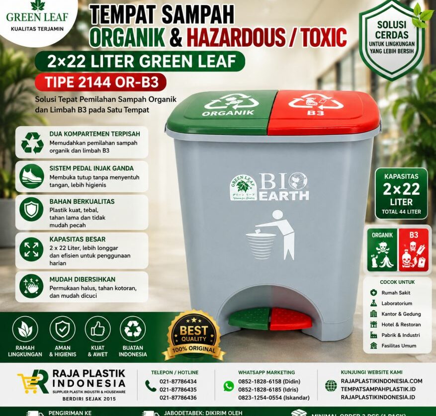 TEMPAT SAMPAH ORGANIK & HAZARDOUS / TOXIC 2×22 LITER GREEN LEAF TIPE 2144 OR-B3: Solusi Tempat Sampah Dual Kompartemen untuk Sampah Organik & Limbah B3 yang Lebih Aman, Higienis, dan Profesional