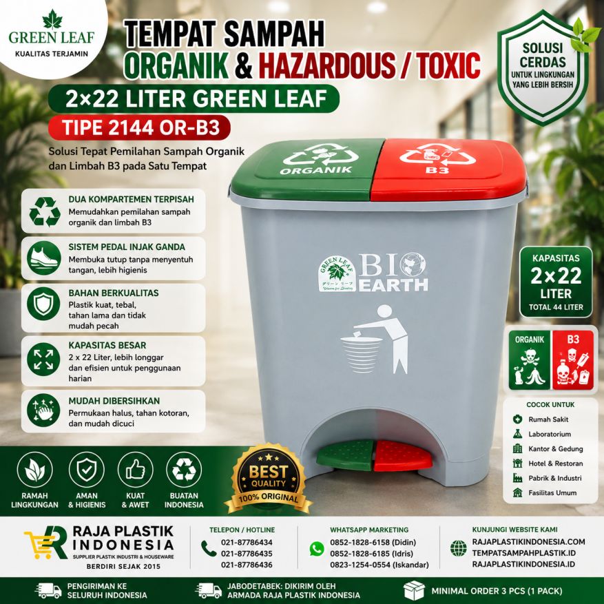 TEMPAT SAMPAH ORGANIK & HAZARDOUS / TOXIC 2×22 LITER GREEN LEAF TIPE 2144 OR-B3: Solusi Tempat Sampah Dual Kompartemen untuk Sampah Organik & Limbah B3 yang Lebih Aman, Higienis, dan Profesional