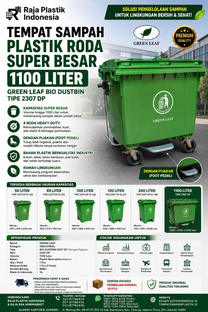 TEMPAT SAMPAH PLASTIK RODA SUPER BESAR 1100 LITER GREEN LEAF BIO DUSTBIN TIPE 2307 DP: Tempat Sampah Industri Kapasitas 1100 Liter yang Kuat, Higienis, dan Siap Digunakan untuk Kebutuhan Skala Besar