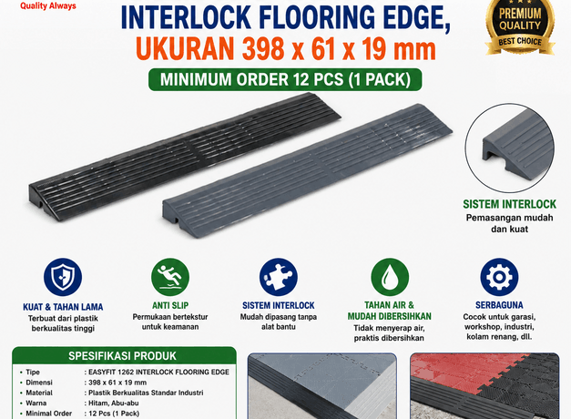 TEPIAN LANTAI GARASI MODULAR GREEN LEAF EASYFIT 1262 INTERLOCK FLOORING EDGE – Solusi Finishing Lantai Modular yang Rapi, Aman, dan Profesional