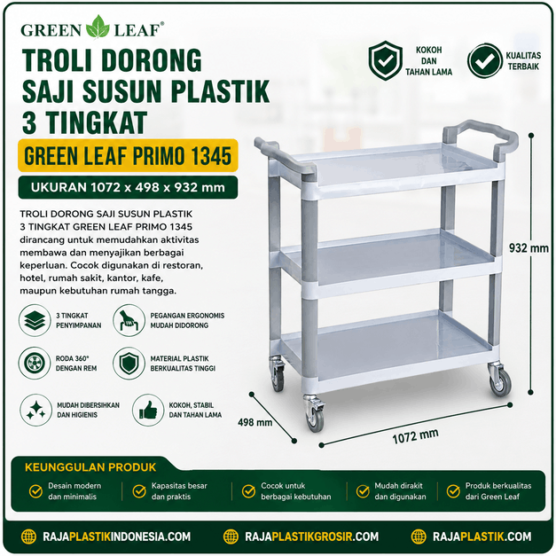Jual TROLI DORONG SAJI SUSUN PLASTIK 3 TINGKAT GREEN LEAF PRIMO 1345 Berkualitas di Indonesia