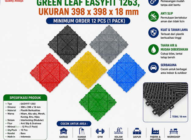 UBIN LANTAI PLASTIK MODULAR INTERLOCKING ANTI SLIP GREEN LEAF EASYFIT 1263 – Solusi Lantai Modular Anti Slip Berkualitas untuk Area Industri, Komersial, dan Rumah Tangga