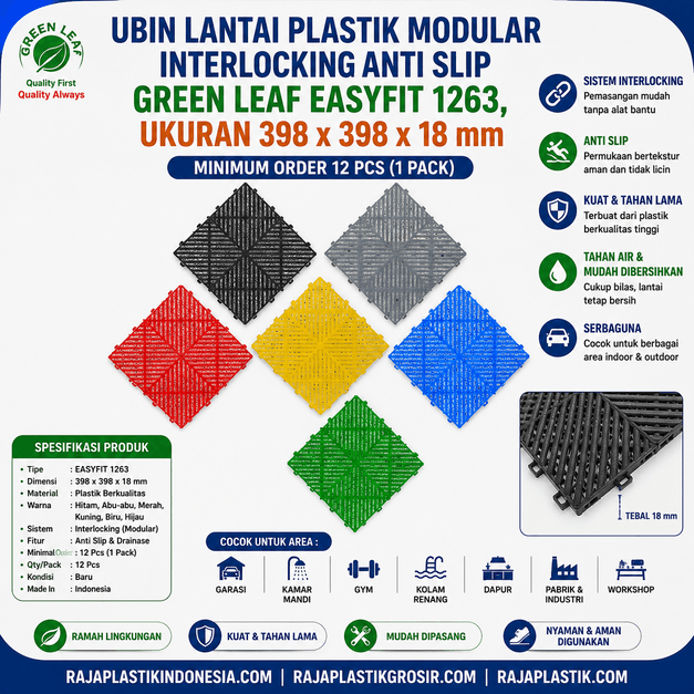 UBIN LANTAI PLASTIK MODULAR INTERLOCKING ANTI SLIP GREEN LEAF EASYFIT 1263 – Solusi Lantai Modular Anti Slip Berkualitas untuk Area Industri, Komersial, dan Rumah Tangga